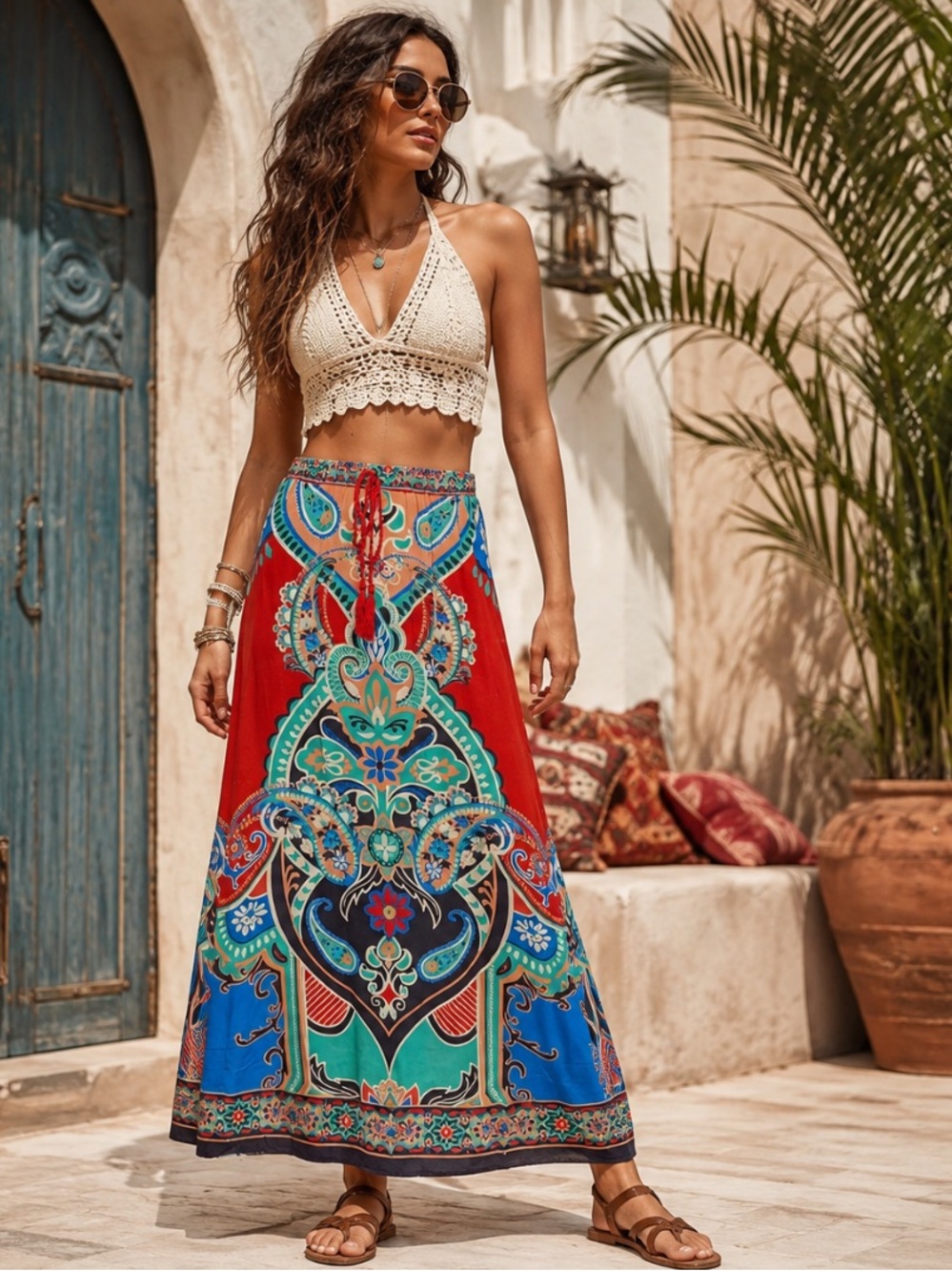 Flying Tomato Multicolor Tie Waist Paisley Print Mediterranean Maxi Skirt Size S
